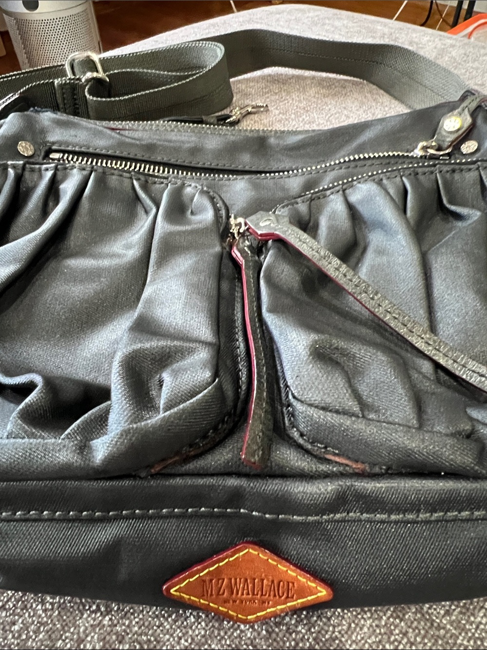 MZ Wallace Black Nylon Messenger Bag with Brown Leather Patch